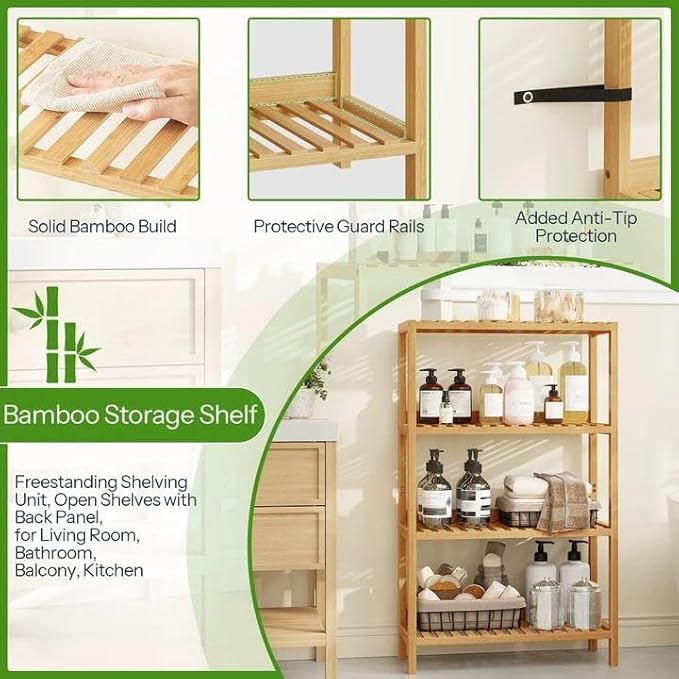 HOOBRO Bamboo Storage Shelf, 4-Tier Freestanding Shelving Unit, Multifunctional Storage Rack with Back Panel, 23.6 x 10.2 x 39.4 inches, for Bathroom, Living Room, Balcony, Kitchen, Natural YL95CJ01