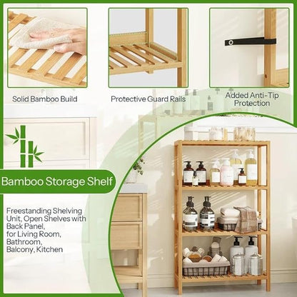 HOOBRO Bamboo Storage Shelf, 4-Tier Freestanding Shelving Unit, Multifunctional Storage Rack with Back Panel, 23.6 x 10.2 x 39.4 inches, for Bathroom, Living Room, Balcony, Kitchen, Natural YL95CJ01