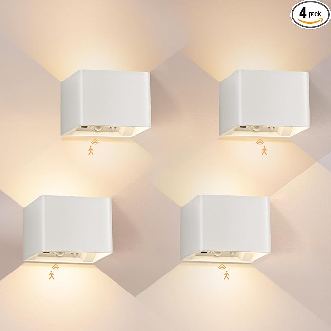 Yochoice Motion Sensor Wall Light with Remote Control, 6000mAh White Wireless Touch Control Rechargeable Wall Lamps with 3 Color Temperatures, LED Up Down Battery Operated Wall Lights Indoor, 4-Pack
