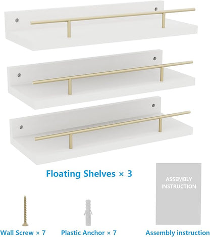 Floating Shelves with Metal Guardrail, Wall Decor Shelves for Bathroom, Living Room and Bedroom, (Gold-White) Shelves for Home Decor