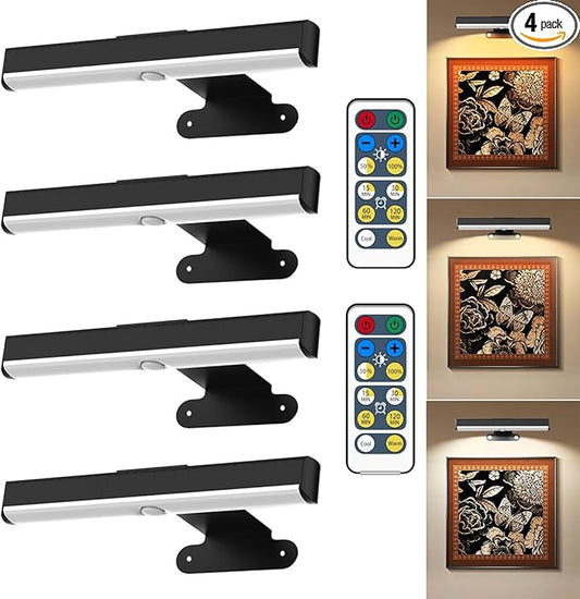 4Pack Wireless Picture Light with Remote,Battery Operated Wall Sconces for Wall Decor,3 Color Timer&Dimmable Paintings Light LED Art Display Lamp Picture Frame Light for Artwork Posters Gallery-Black