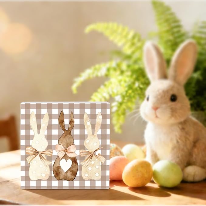 Funny Easter Sign Easter Bunny Decor Decorations Bunny Rabbit Bowknot Wooden Sign Table Decorations Indoor for Home Office Desk Table Shelf Tiered Tray Decor 5 X 5 Inch