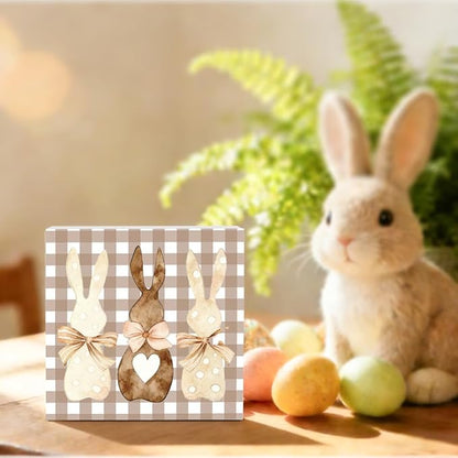 Funny Easter Sign Easter Bunny Decor Decorations Bunny Rabbit Bowknot Wooden Sign Table Decorations Indoor for Home Office Desk Table Shelf Tiered Tray Decor 5 X 5 Inch