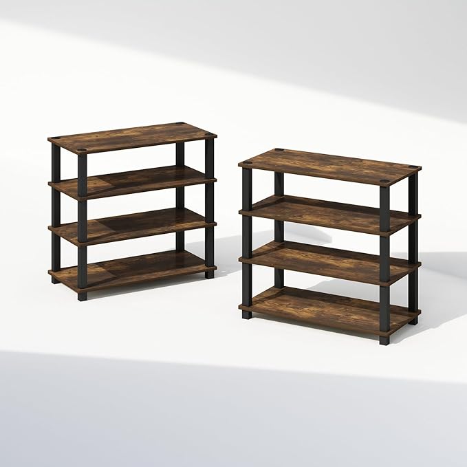 Furinno Turn-N-Tube Storage Shelves Set of 2, 4-Tier Stackable Standing Shelf, Open Corner Shelf, for Organization and Storage, Living Room, Garage, Home Office, Amber Pine