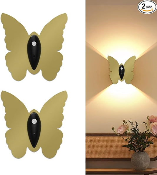 Magnetic Motion Sensor Wall Light: 5000mAh Rechargeable Battery Powered Wall Sconce Set of 2 with Remote, 3 Colors Wireless Wall Lamp LED Up and Down Wall Sconce for Hallway Stairway Bedroom, Gold