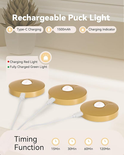 Rechargeable Puck Lights With Remote Control, 1500mAh Battery Operated Tap Lights, Dimmer & Timer Under Cabinet Light, Wireless LED Stick-On for Closet, Bedroom, Kitchen - Gold 12Pcs