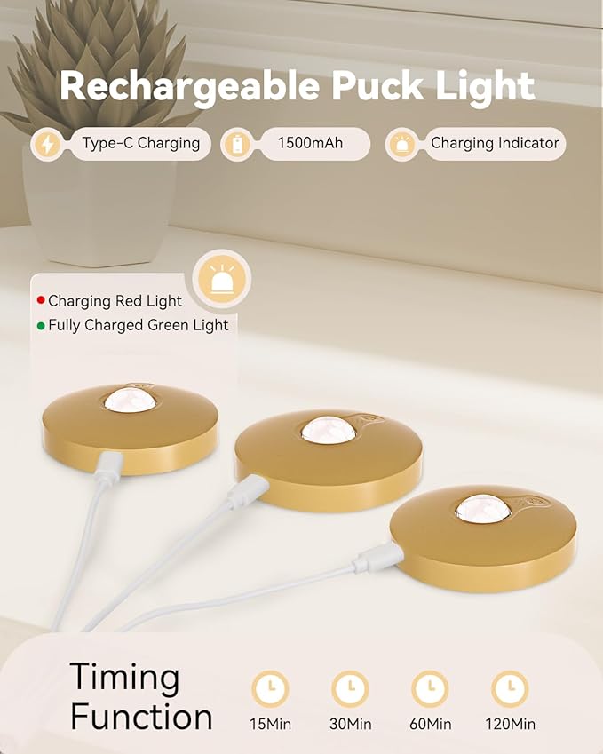 Rechargeable RGB Puck Lights with Remote Control, 1500mAh Battery Operated Push Lights, Dimmable & Timer Under Cabinet Lighting for Closet, Bedroom, Kitchen Gold 3Pcs