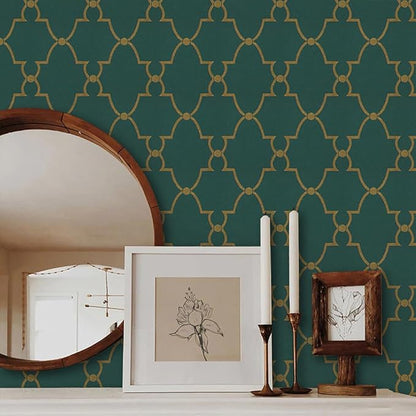Timeet Modern Wallpaper Peel and Stick Geometric Gold and Green Contact Paper 17.7"x393.7" Removable Self Adhesive Wallpaper for Bedroom Living Room Wall Decor Vinyl
