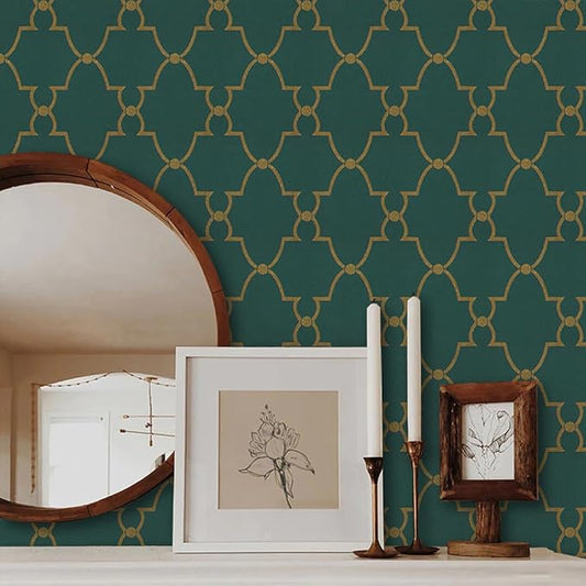 Timeet Modern Wallpaper Peel and Stick Geometric Gold and Green Contact Paper 17.7"x393.7" Removable Self Adhesive Wallpaper for Bedroom Living Room Wall Decor Vinyl