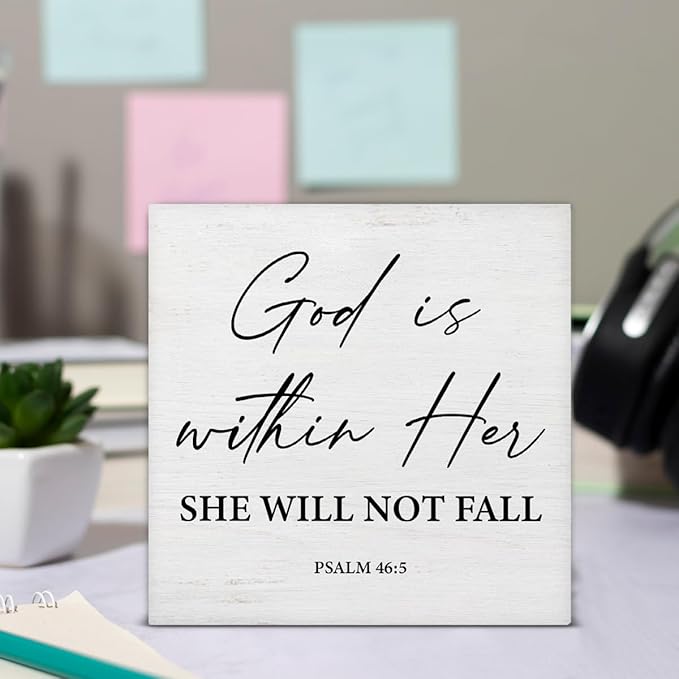 Christian Desk Decor Bible Verses Religious Gifts for Women Her, Inspirational God Is Within Her Psalm 46:5 Wooden Sign Farmhouse Christian Decorations for Home Office Desk Shelf Table