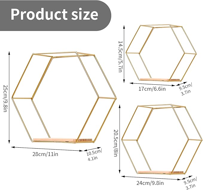 Wall Mounted Hexagonal Floating Shelves Set of 3 in Different Sizes, Modern Metal Wall Shelf, Simple Wood Partition Storage Shelves, Decor Rack for Bedroom, Living Room, Kitchen and Office