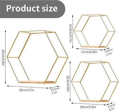 Wall Mounted Hexagonal Floating Shelves Set of 3 in Different Sizes, Modern Metal Wall Shelf, Simple Wood Partition Storage Shelves, Decor Rack for Bedroom, Living Room, Kitchen and Office
