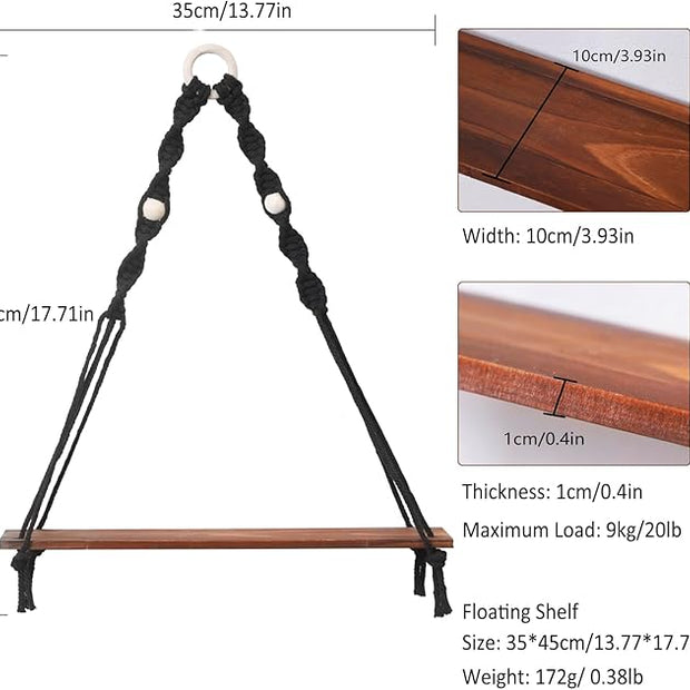 Artilady Macrame Black Floating Shelf - Boho Wooden Wall Shelves Hanging Decor, Rustic Hanging Storage Rack Hand Woven Plant Shelf Decor for Bedroom Living Room Nursery Dorm Room