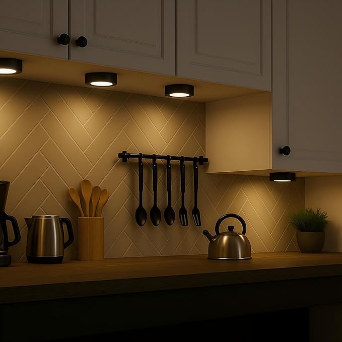 LUMILAND Wired LED Puck Lights (2.7Wx5) Plug-in Lighting Natural White (4000K), LED Cabinet Light for Kitchen Can Be Surface Mount or Recess Mount, Black