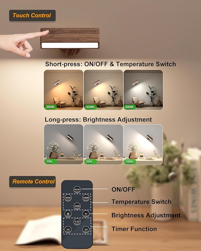 Wooden Wall Lights Battery Operated with Remote,Rechargeable Wall Sconce for Bedroom with 3 Color Temperature, Magnetic, Stick-On, Dimmable Wall Reading Lights (Walnutwood, 1 Pack)