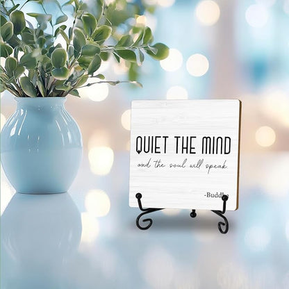 Zen Decor, Meditation Accessories, Spiritual Decorations, Zen Meditation Gifts for Office Yoga Room Bedroom Decors, Quiet The Mind And The Soul Will Speak Sign Wood Plaque with Support Stand