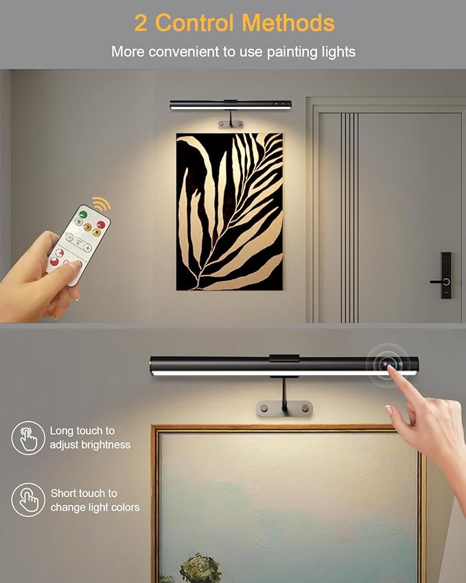 GOVSSING Picture Lights for Wall - 4000mAh Rechargeable Battery Wireless Picture Light with Remote, 3 Color Temps & Brightness Adjustable, 15.7” Rotatable Art Light, Memory & Timer Functions, Black