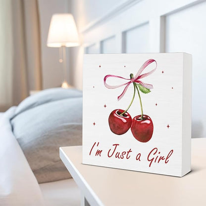 Cherry Decor - Bow Decor for Girls Room - Cherry Decoration for Home - I'm Just a Girl Wood Sign Home Girls Bedroom Nursery Dorm Desk Shelf Table Tabletop Decorations 5×5 Inches