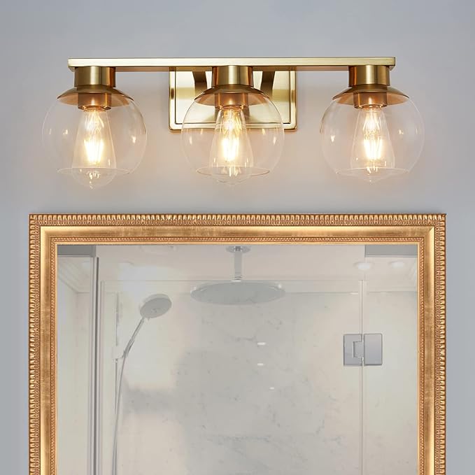 3-Light Brushed Brass Bathroom Vanity Lights, Gold Bathroom Light Fixtures Over Mirror with Globe Glass Shade, 22in Modern Wall Sconces for Bath Mirror Bedroom Hallway, E26 Base (Bulbs Not Included)