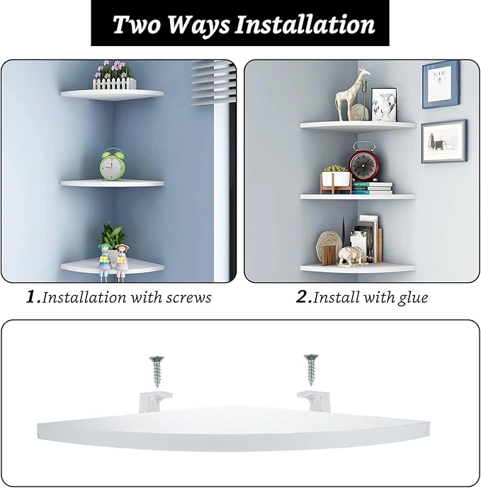 4 Pcs Floating Corner Shelf with Mounting Accessories, Wooden Round Corner Wall Shelves, Wall Mounted Corner Storage Shelf for Bathroom, Bedroom, Living Room (White)