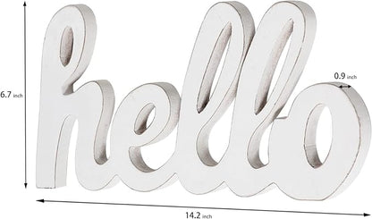 Rustic Distressed White Wooden Hello Sign for Home Decor 14", Wall Hanging Hello Door Sign, Handmade Outdoor Welcome Signs for Porch, Farmhosue Christmas Signs for Shelf Living Room
