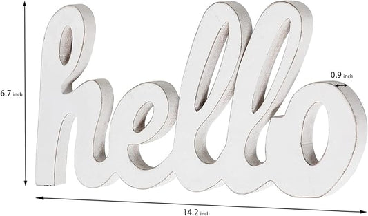 Rustic Distressed White Wooden Hello Sign for Home Decor 14", Wall Hanging Hello Door Sign, Handmade Outdoor Welcome Signs for Porch, Farmhosue Christmas Signs for Shelf Living Room