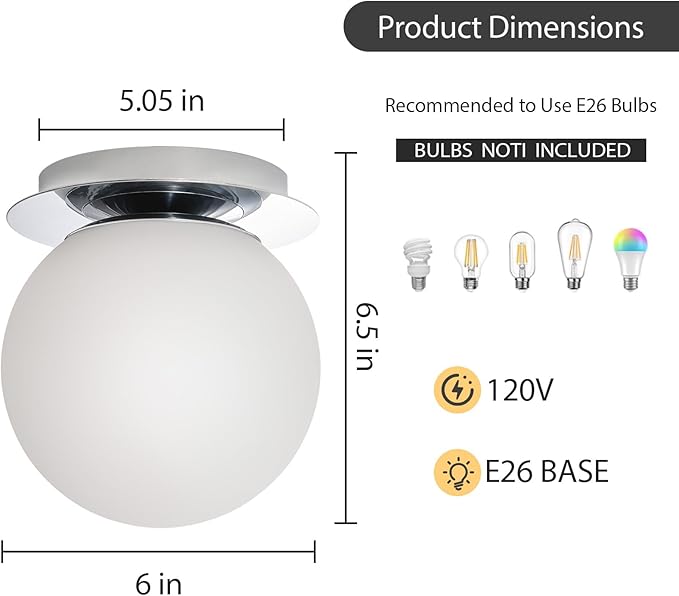 Modern Glass Globe Wall Sconce: Chrome Single Light with Milk Glass Shade - Minimalist Spherical Vanity Sconces over Mirror - Contemporary Ball Wall Lights Fixtures for Entryway Bulb Not Included