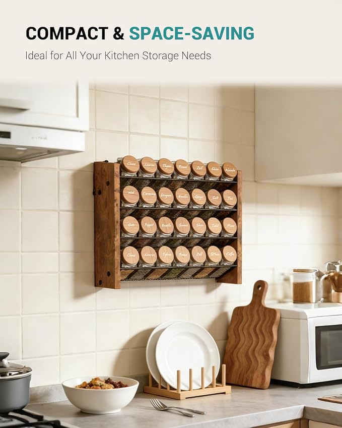 NESAPTO Spice Rack Organizer for Cabinet, Wooden 4 Tier Vertical Seasoning Organizers for Kitchen Pantry, Countertop/Wall Mount, Holds 28 Spice Jars (No Jars Included), 14