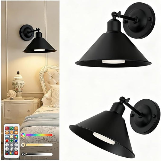 DORESshop Black Vintage Battery Operated Wall Sconces Set of 2, Wireless Battery Powered Wall Lights with Remote Control, Rechargeable Wall Sconce for Living Room, Bedroom Farmhouse