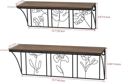 QUTREY Plant Wall Art Floating Shelves Set of 2, Minimalist Metal Abstract Decor Rustic Wooden Shelf for Living Room, Bedroom, Bathroom