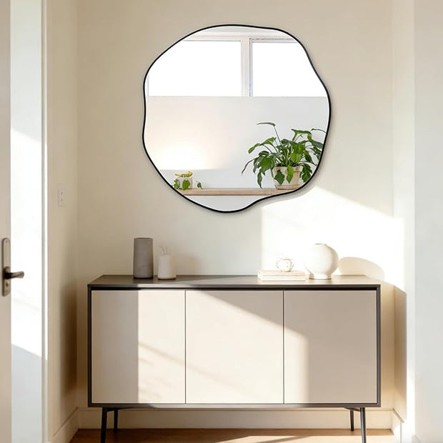 POZINO Irregular Round Mirror, 25" Asymmetrical Circle Mirrors, Scalloped Mirror Over Sink, Modern Frameless Abstract Mirrors for Living Room Bedroom Bathroom Entryway Hallway Fireplace