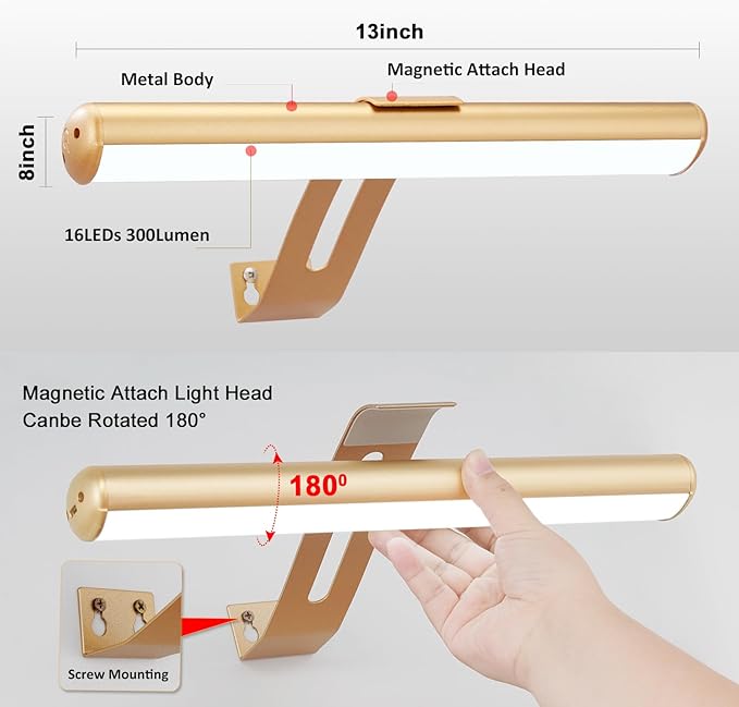 Picture Light, Battery Operated Picture Light with Remote, Rechargeable Picture Frame Light, 32 LED, 16 Color Changing, Art Light for Paintings for Display, Picture-Gold