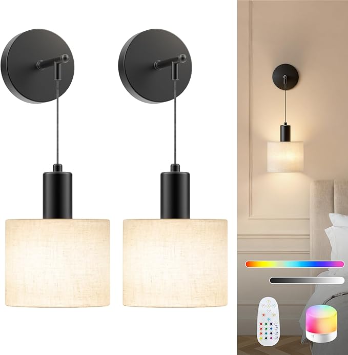 Battery Operated Wall Sconce Set of 2, Wireless Rechargeable Wall Lights with Remote Control, 9 Colors Dimmable LED Lamps, Modern Cordless Sconces for Bedroom Living Room Hallway(Black)
