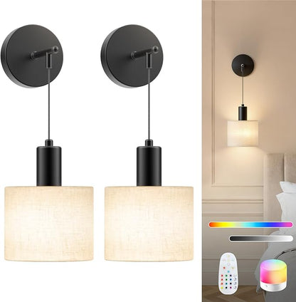 Battery Operated Wall Sconce Set of 2, Wireless Rechargeable Wall Lights with Remote Control, 9 Colors Dimmable LED Lamps, Modern Cordless Sconces for Bedroom Living Room Hallway(Black)