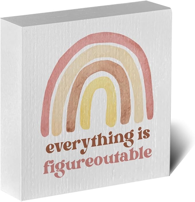 Motivational Rainbow Artwork Wood Box Sign Rustic Farmhouse Style Everything Is Figureoutable Wood Block Plaque 5 X 5 Inches Home Office Desk Sign Decor for Presents