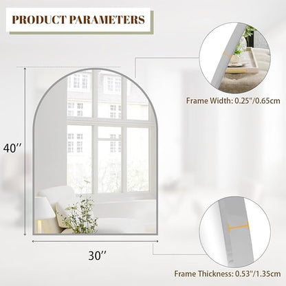 BEAUTYPEAK 30"x40" Arch Bathroom Mirror, Wall Mounted Vanity Metal Frame Mirror for Bedroom, Entryway, Living Room, Silver