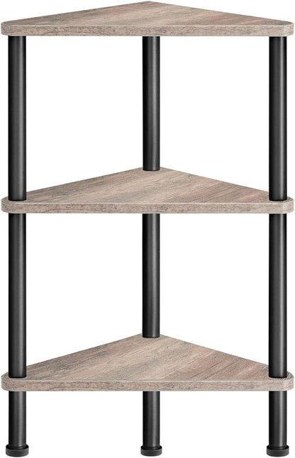 HOOBRO Corner Shelf Stand, Industrial 3-Tier Wall Corner Bookshelf with Metal Frame, Plant Display Shelf, Bookcase for Small Spaces, Living Room, Greige and Black BG30CJ01