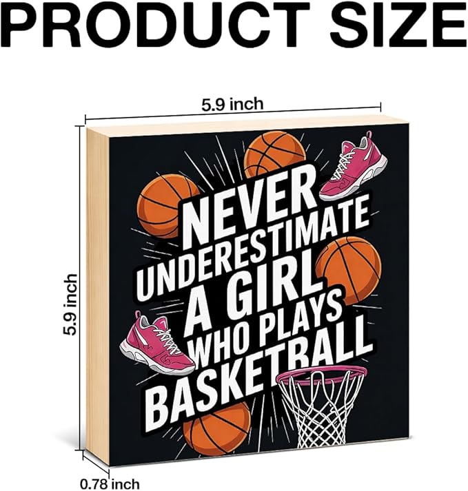 Basketball Home Decor - Gift for Girl Basketball Lover - Double-sided Wood Box Sign for Home Kitchen Farmhouse Office Tiered Tray Desk Shelf Decor