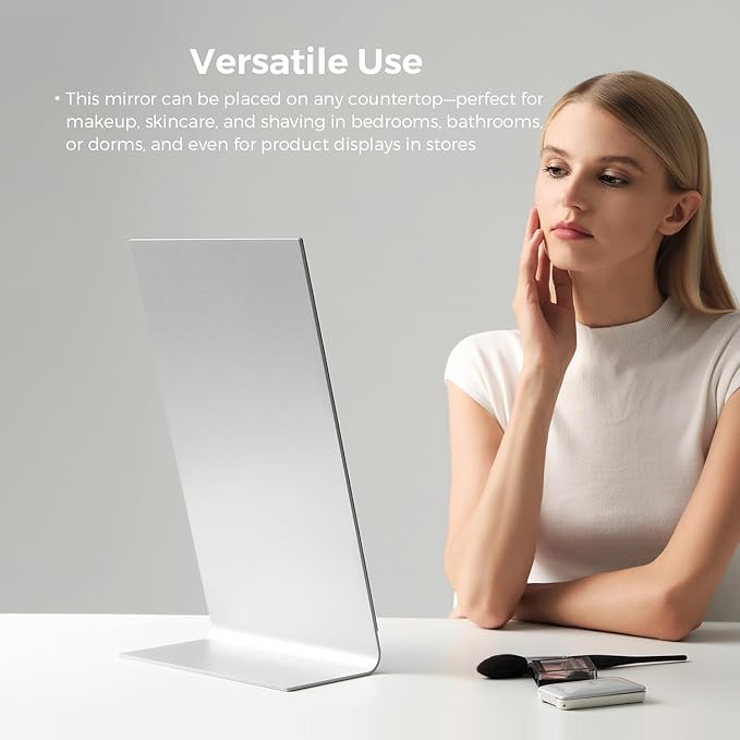 Frameless Makeup Mirror for Desk, 15 x 8.5 Inch Aluminum Standing Table Mirror, Large Counter Top Mirror