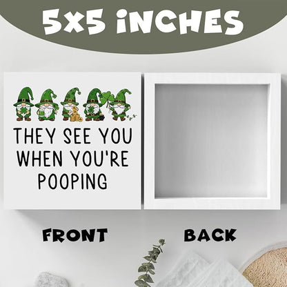 St Patricks Day Decor Funny Bathroom Shamrock Decor Green Gnome Would Poop Here Again Wood Sign Funny Home Tabletop Shelf Desk Decor 5 X 5 Inches