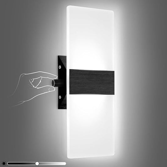 Lightess Modern Wall Sconce with Switch, Indoor Wall Light Dimmable, 12W Black Acrylic Wall Mounted Light Fixtures for Hallway Stairway Bedroom, Cool White, 1 Pack