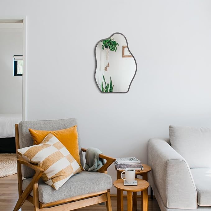 Wood Frame Mirrors Asymmetrical Irregular Wall Unique Shape Modern Wall Mounted Vanity Artistic Mirror Decorative for Living Room Bedroom Bathroom Entryway Hallway Small 14