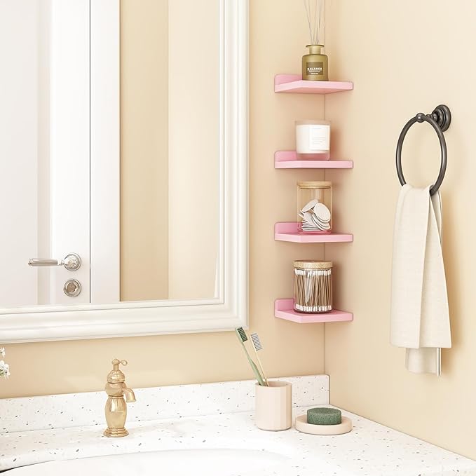Fixwal Small Floating Shelves, 5x5 Inches Wall Shelf Set of 4, Rustic Wood Small Wall Mounted Shelves for Bedroom, Living Room, Kitchen, Bathroom Decor (Pink)