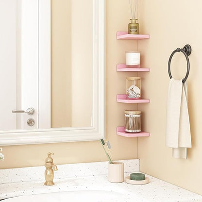 Fixwal Small Floating Shelves, 5x5 Inches Wall Shelf Set of 4, Rustic Wood Small Wall Mounted Shelves for Bedroom, Living Room, Kitchen, Bathroom Decor (Pink)