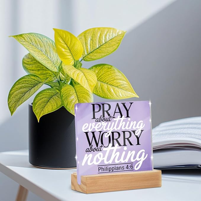 Purple Desk Decor For Bedroom Lavender Room & Office Desk Decor Pray About Everything Worry About Nothing Sign Prayer Room Sign Gifts for Women Acrylic Plaques With Wooden Stand Tabletop Decorations