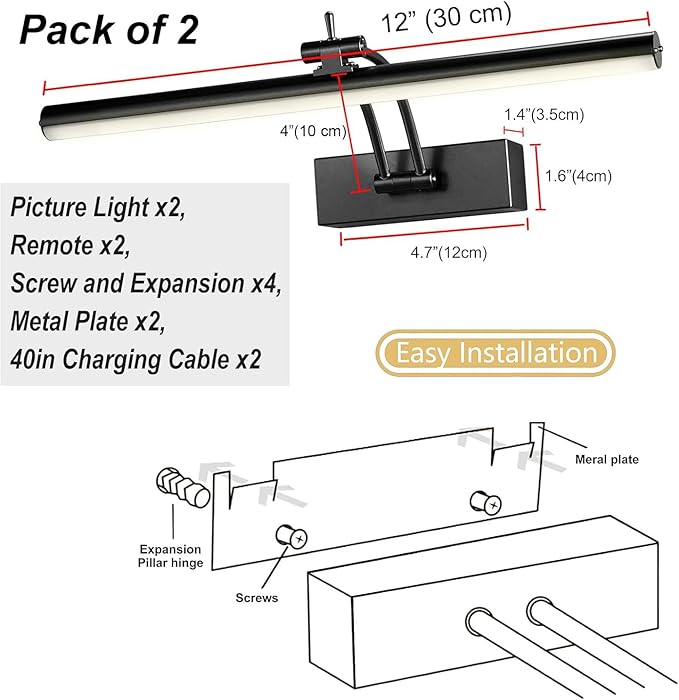 2 Pack Picture Lights for Wall Battery Operated, 12 inch Wireless Art Lighting for Painting, 6 Colors Picture Frame Lights with Remote, Dimmable 4200mAh Gallery Light, Black