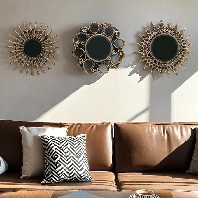Retro Gold Mirrors for Wall Pack of 3. Round Mirrors. Decorative Mirrors.Wall Mirrors for Decor Home Decor.Plastic Frames.Glass Mirrors.Make Old Gold Color.