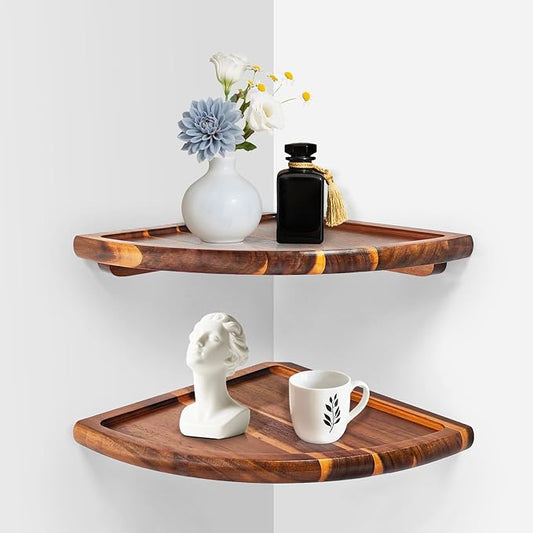 Floating Corner Shelve, 10 Inch Acacia Wood Corner Shelf Set of 2, Corner Shelf wall Mounted for Living Room, Bedroom, Bathroom, Office, Kitchen (Acacia Wood)
