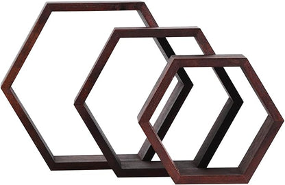 PHOENANCEE Hexagon Floating Shelves,Honeycomb Shelf Set of 3,Wood Farmhouse Hexagonal Decor Wall Storage for Living Room Bedroom Kitchen Office(Walnut)