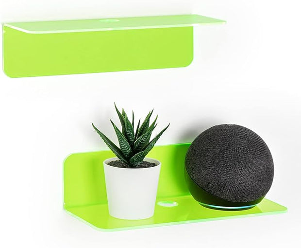 OAPRIRE 9 Inch Floating Wall Shelves Set of 2 - Personalize Expand Wall Space - Acrylic Small Wall Shelf for Bathroom, Bedroom, Living Room, Office, with Cable Clips - Clear Green